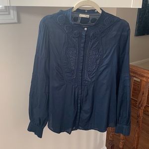 Hoss, Sz 40, Embroidered dark navy blouse with removable collar